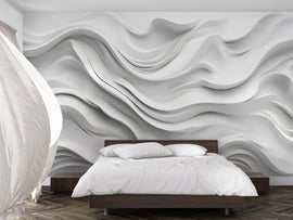 White Wavy 3D Wall Mural – Modern Minimalist Texture Wallpaper – Sculpted Abstract Wave Design – Peel and Stick Accent Wall for Bedroom