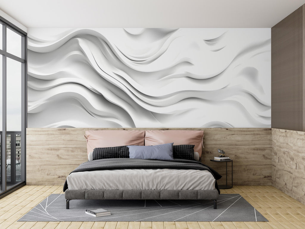 White Wavy 3D Wall Mural – Modern Minimalist Texture Wallpaper – Sculpted Abstract Wave Design – Peel and Stick Accent Wall for Bedroom