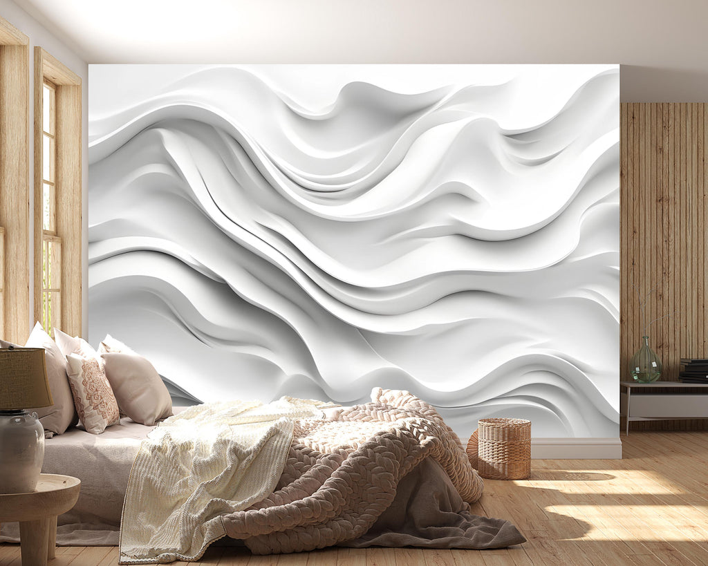 White Wavy 3D Wall Mural – Modern Minimalist Texture Wallpaper – Sculpted Abstract Wave Design – Peel and Stick Accent Wall for Bedroom