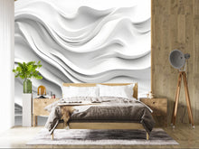 Load image into Gallery viewer, White Wavy 3D Wall Mural – Modern Minimalist Texture Wallpaper – Sculpted Abstract Wave Design – Peel and Stick Accent Wall for Bedroom