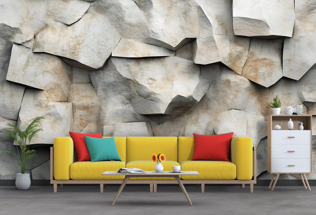 3D Stone Wall Mural – Realistic Rock Texture Wallpaper – Faux Stone Accent Wall – Peel and Stick Rustic Wall Decor for Living Room or Office