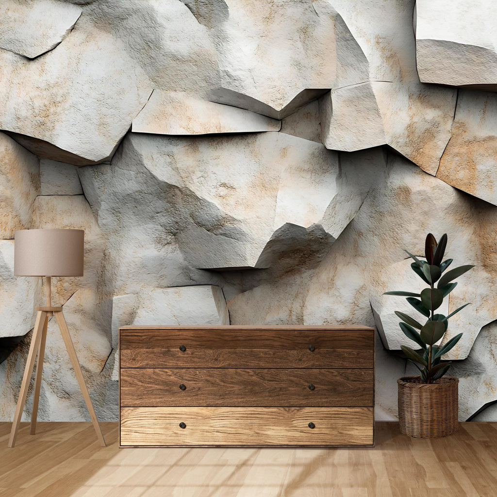 3D Stone Wall Mural – Realistic Rock Texture Wallpaper – Faux Stone Accent Wall – Peel and Stick Rustic Wall Decor for Living Room or Office