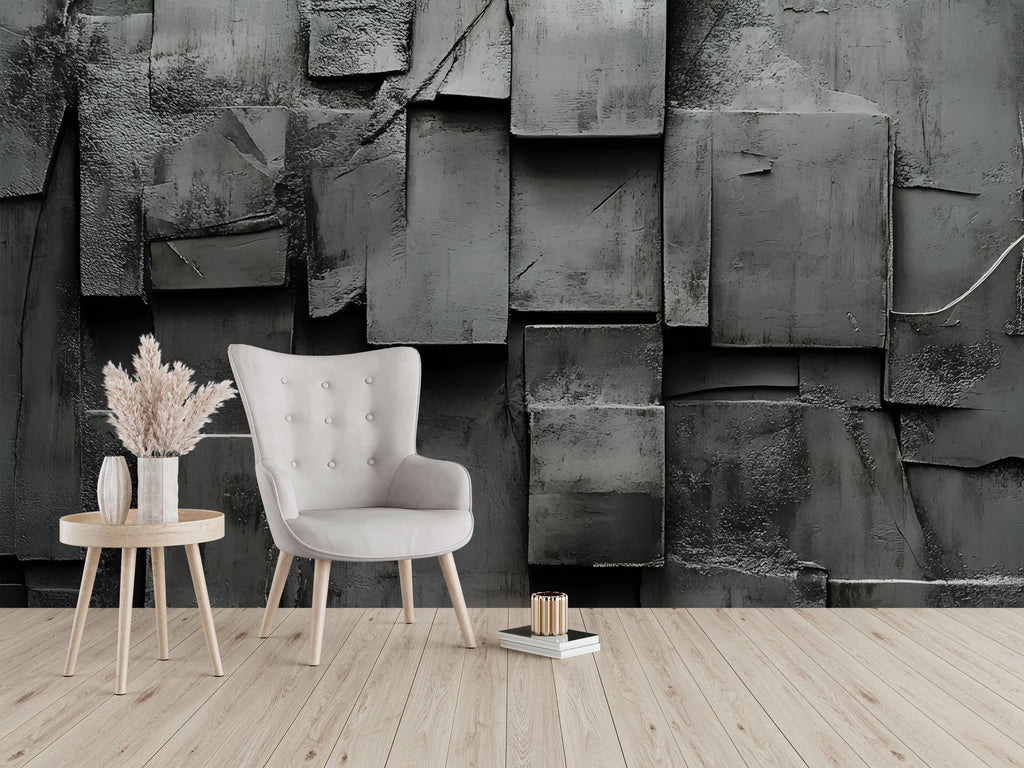 Modern Industrial 3D Wall Mural – Dark Concrete Panel Texture Wallpaper – Urban Loft Style Accent Wall – Peel and Stick Brutalist Wall Decor