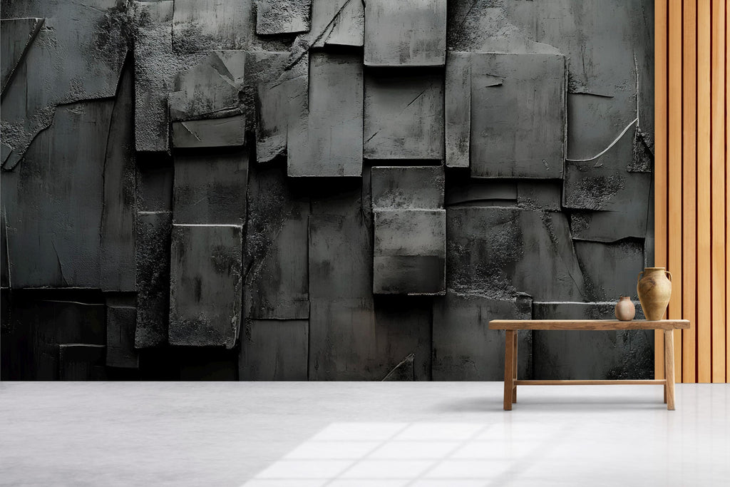 Modern Industrial 3D Wall Mural – Dark Concrete Panel Texture Wallpaper – Urban Loft Style Accent Wall – Peel and Stick Brutalist Wall Decor