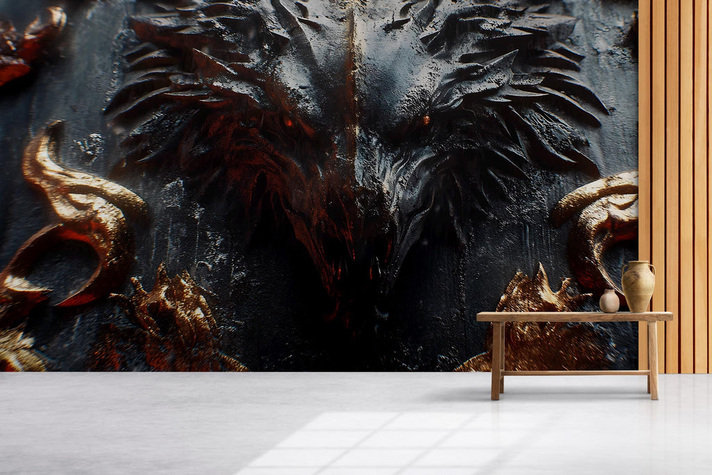Dark Fantasy Dragon Wall Mural – Gothic Medieval 3D Wallpaper – Fierce Black Dragon Accent Wall – Peel and Stick Fantasy Wall Art for Game
