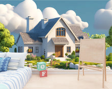 Load image into Gallery viewer, 3D Storybook Cottage Nursery Wall Mural – Whimsical House and Garden Wallpaper – Fairytale Baby Room Decor – Peel and Stick