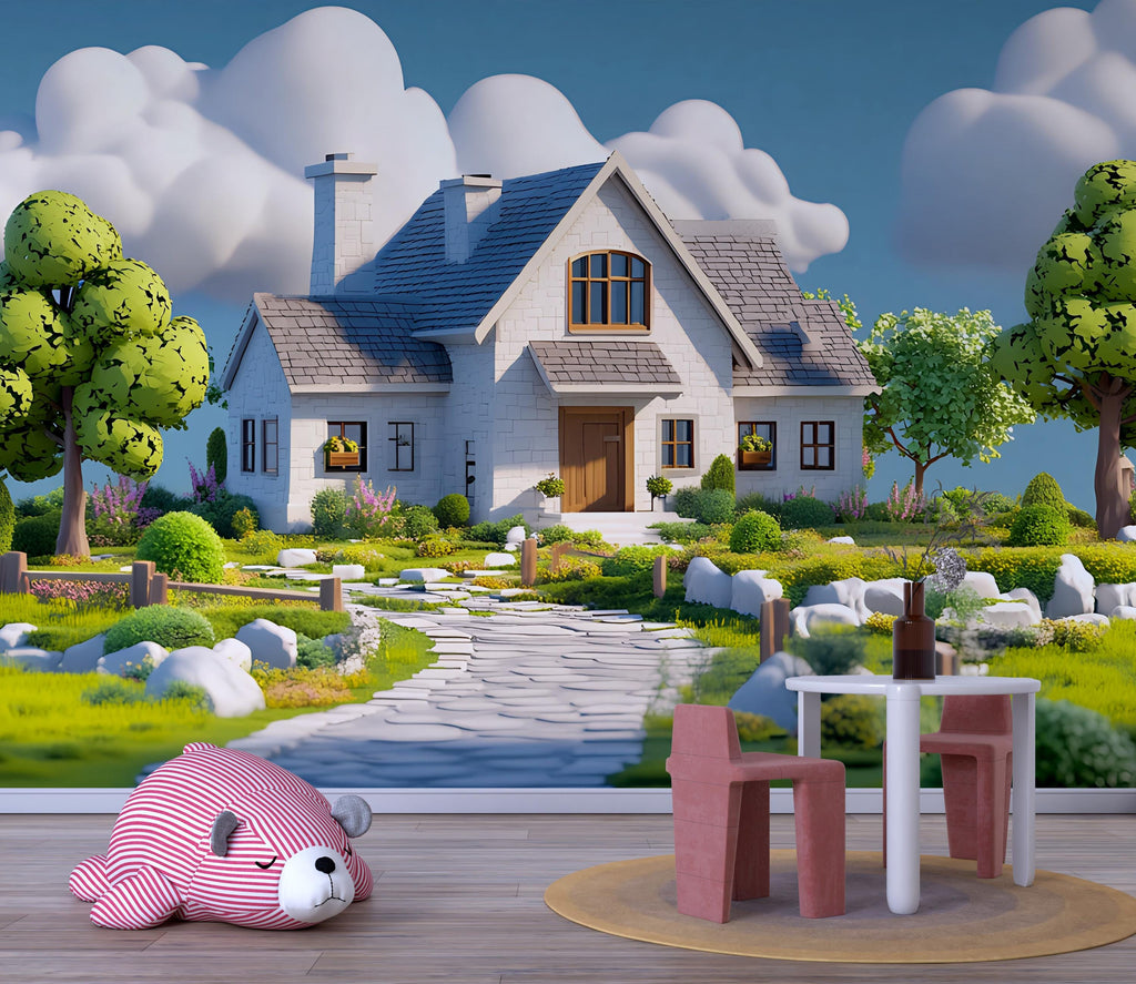 3D Storybook Cottage Nursery Wall Mural – Whimsical House and Garden Wallpaper – Fairytale Baby Room Decor – Peel and Stick