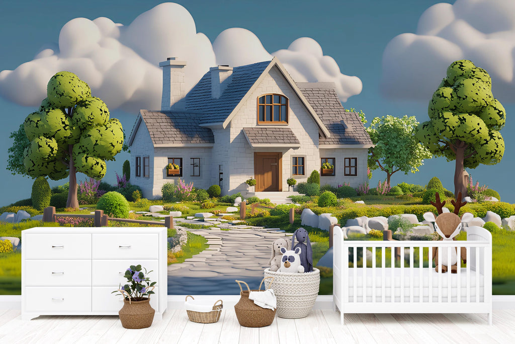3D Storybook Cottage Nursery Wall Mural – Whimsical House and Garden Wallpaper – Fairytale Baby Room Decor – Peel and Stick