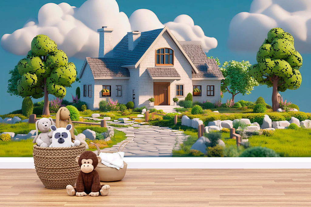 3D Storybook Cottage Nursery Wall Mural – Whimsical House and Garden Wallpaper – Fairytale Baby Room Decor – Peel and Stick