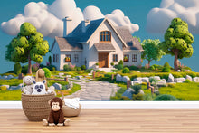Load image into Gallery viewer, 3D Storybook Cottage Nursery Wall Mural – Whimsical House and Garden Wallpaper – Fairytale Baby Room Decor – Peel and Stick
