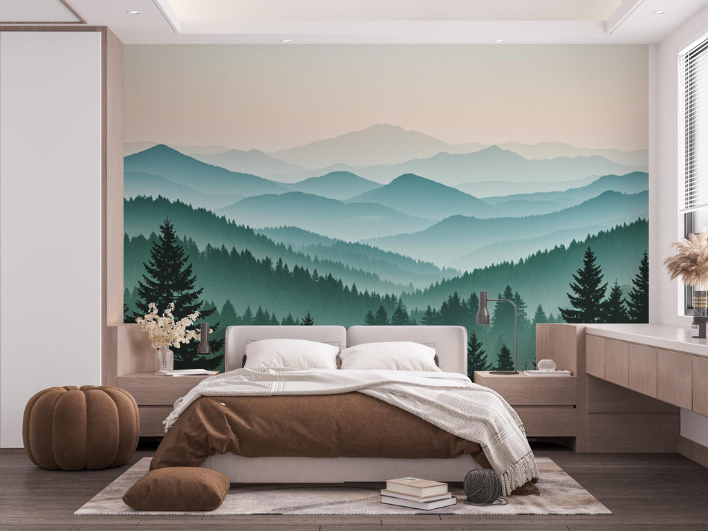 Watercolor Mountain Mural, Peel and Stick Pine Tree Wallpaper 701RS