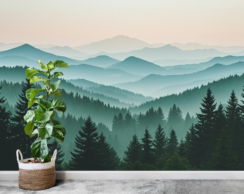 Watercolor Mountain Mural, Peel and Stick Pine Tree Wallpaper 701RS