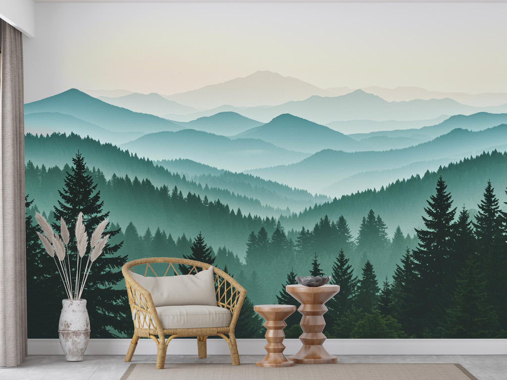 Watercolor Mountain Mural, Peel and Stick Pine Tree Wallpaper 701RS