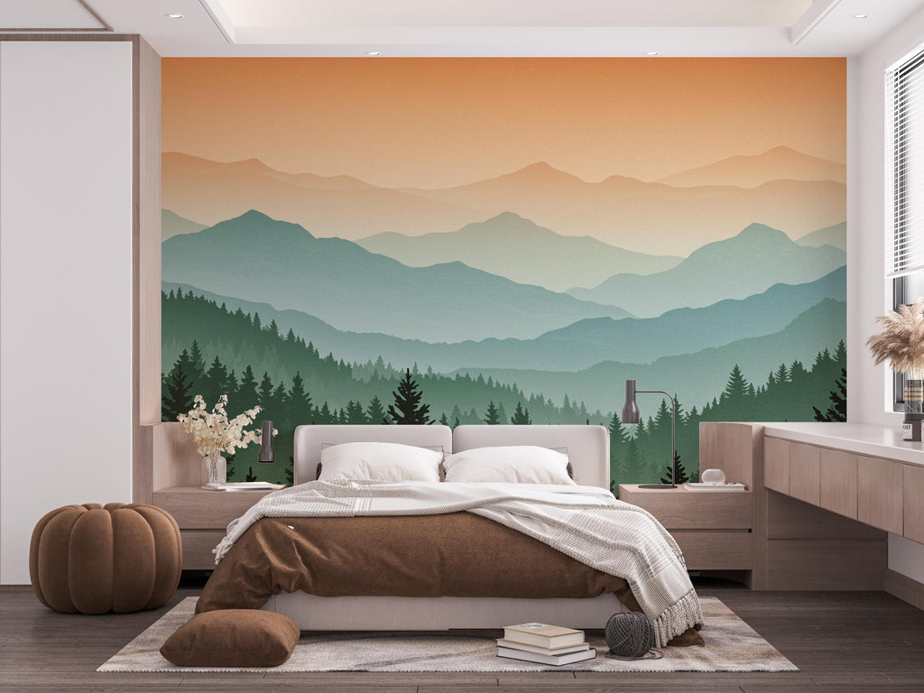 Mountain Wallpaper Peel and Stick Mountain Watercolor Wallpaper Mountain Wall Art Pine Tree Nature Wallpaper Blue Mountain Mural 702RS
