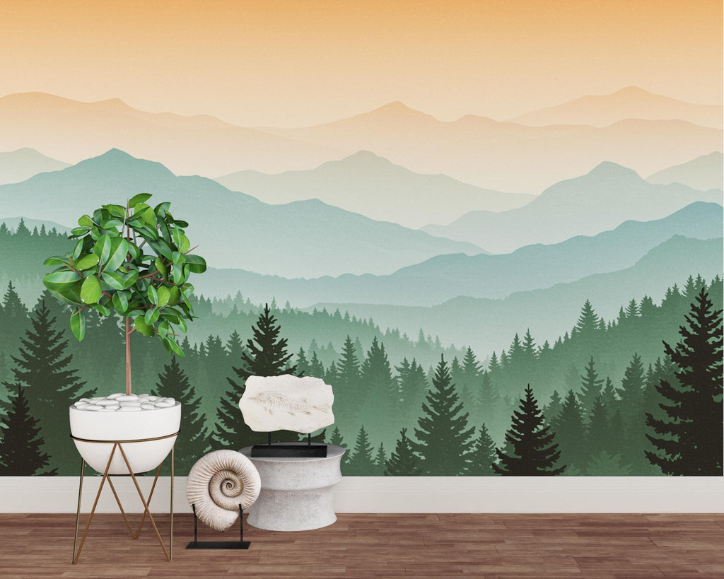 Mountain Wallpaper Peel and Stick Mountain Watercolor Wallpaper Mountain Wall Art Pine Tree Nature Wallpaper Blue Mountain Mural 702RS