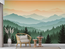 Load image into Gallery viewer, Mountain Wallpaper Peel and Stick Mountain Watercolor Wallpaper Mountain Wall Art Pine Tree Nature Wallpaper Blue Mountain Mural 702RS