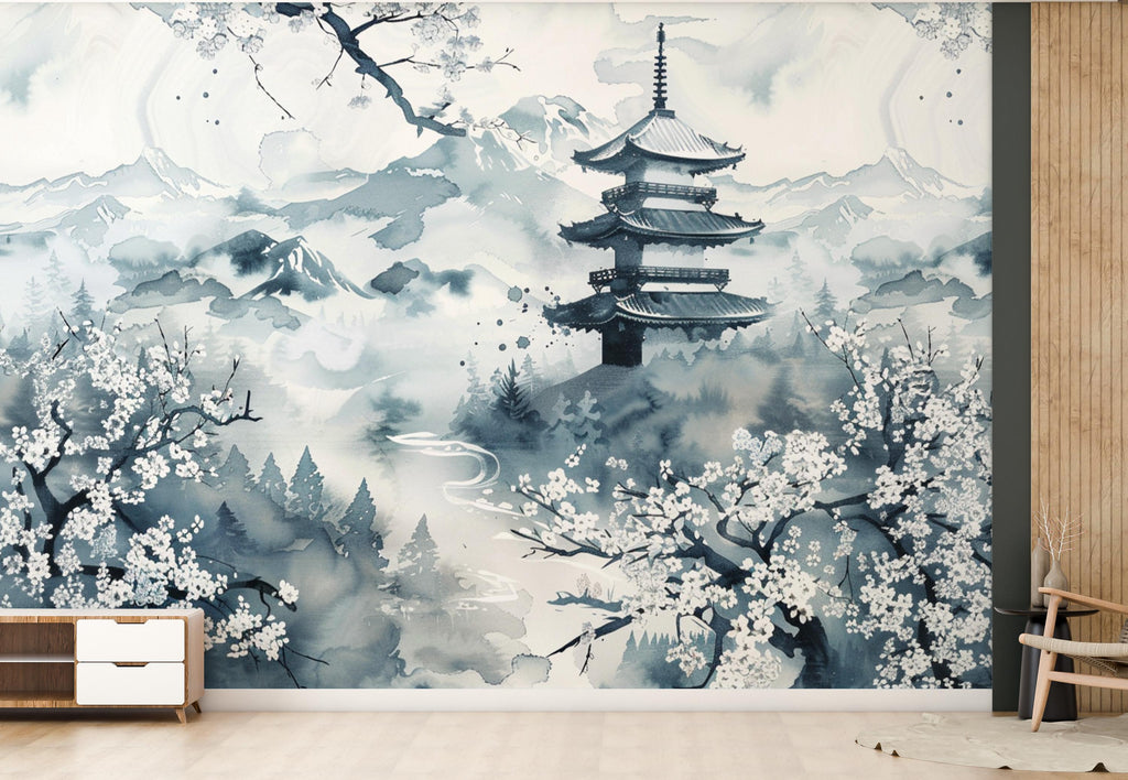 Japanese Nature Wallpaper Wall Graphics Japanese Pagoda Peel and Stick Girl room Wallpaper Self Japan Traditional Pattern 703RS