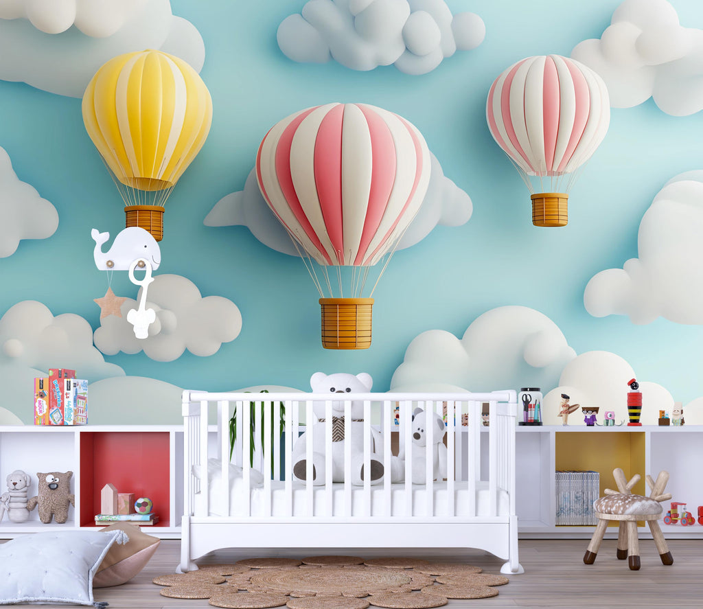 Hot Air Balloon Wall Mural – 3D Pastel Cloud Nursery Wallpaper for Baby Room, Kids Bedroom Decor – Peel & Stick or Non-Woven