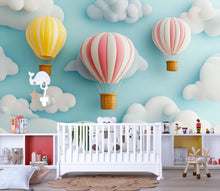 Load image into Gallery viewer, Hot Air Balloon Wall Mural – 3D Pastel Cloud Nursery Wallpaper for Baby Room, Kids Bedroom Decor – Peel &amp; Stick or Non-Woven