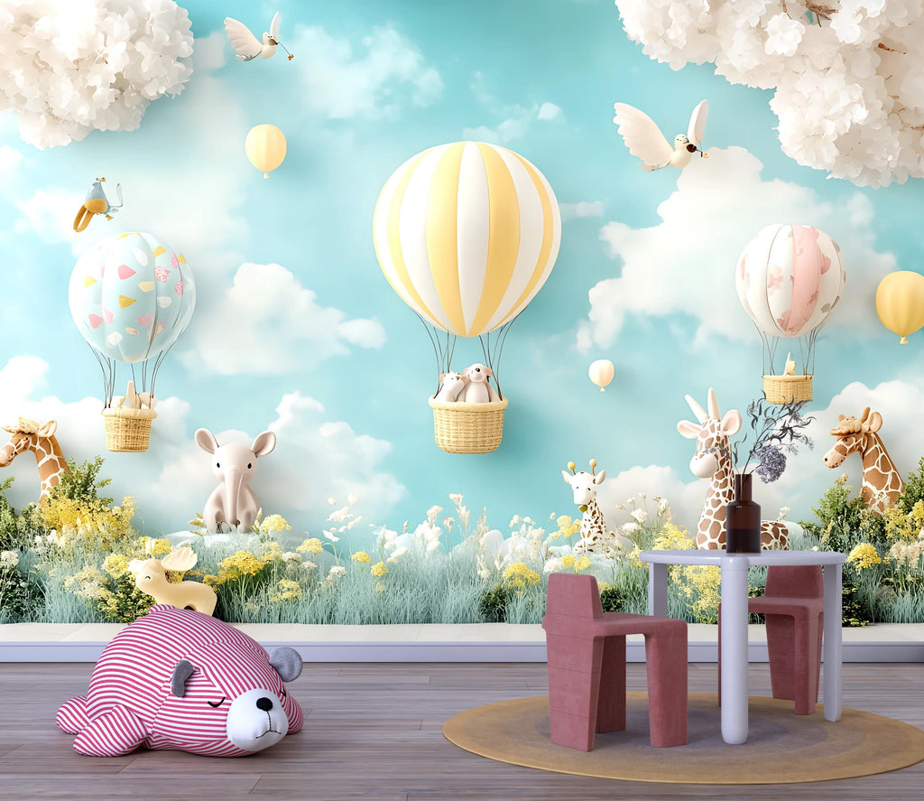 Safari Balloon Nursery Wall Mural – 3D Jungle Animal & Cloud Wallpaper for Baby Room, Peel and Stick or Non-Woven