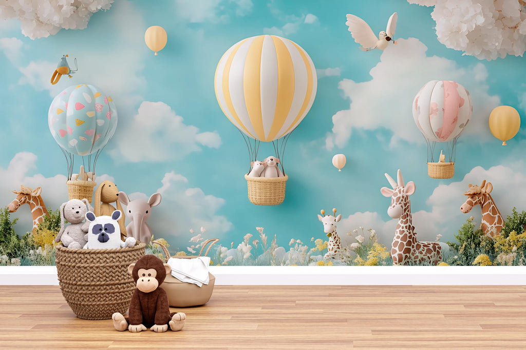 Safari Balloon Nursery Wall Mural – 3D Jungle Animal & Cloud Wallpaper for Baby Room, Peel and Stick or Non-Woven