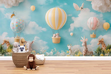 Load image into Gallery viewer, Safari Balloon Nursery Wall Mural – 3D Jungle Animal &amp; Cloud Wallpaper for Baby Room, Peel and Stick or Non-Woven