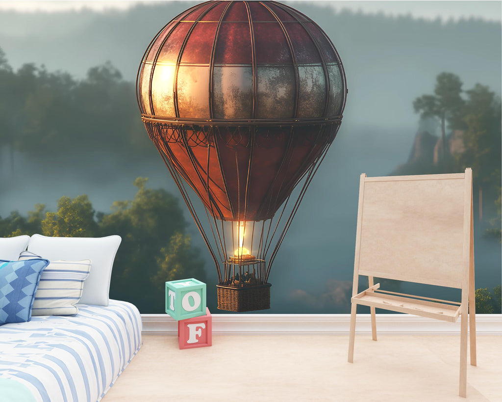 Vintage Hot Air Balloon Wall Mural – Steampunk Adventure Wallpaper for Bedroom or Kids Room, Peel & Stick or Non-Woven