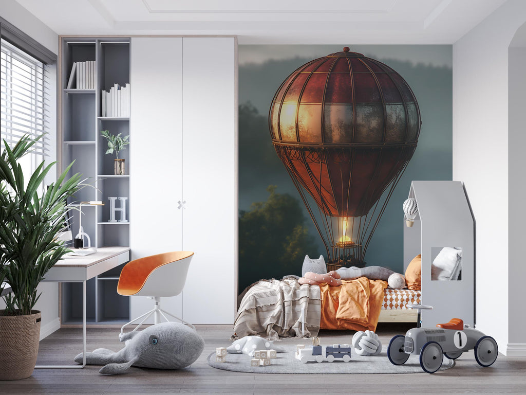 Vintage Hot Air Balloon Wall Mural – Steampunk Adventure Wallpaper for Bedroom or Kids Room, Peel & Stick or Non-Woven