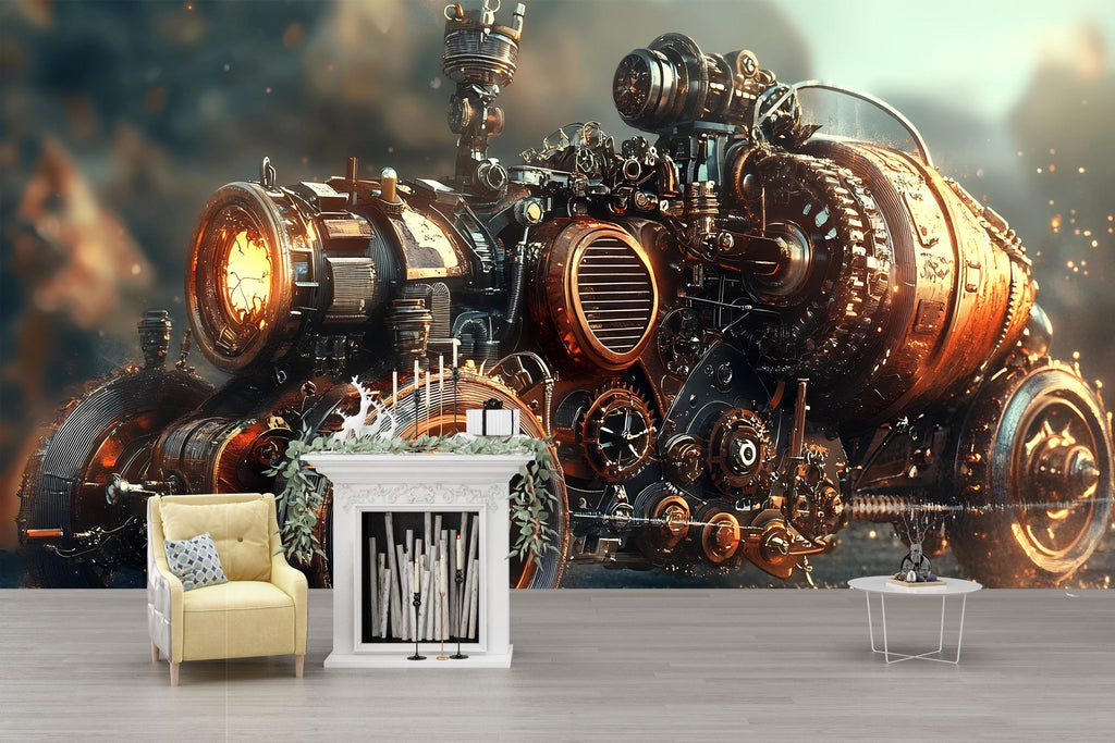 Steampunk Engine Wall Mural – Industrial Gear Machine Wallpaper for Game Room, Office or Studio – Peel & Stick or Non-Woven