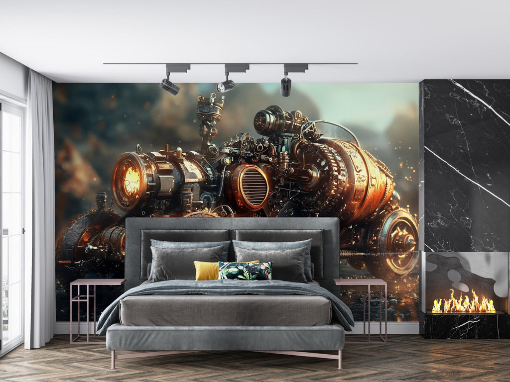 Steampunk Engine Wall Mural – Industrial Gear Machine Wallpaper for Game Room, Office or Studio – Peel & Stick or Non-Woven