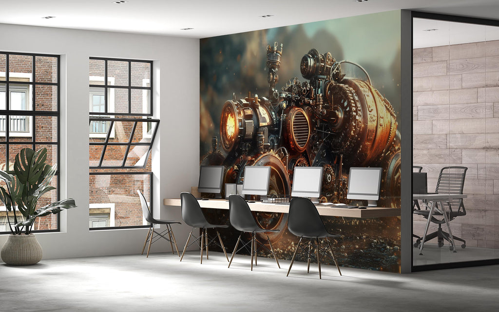 Steampunk Engine Wall Mural – Industrial Gear Machine Wallpaper for Game Room, Office or Studio – Peel & Stick or Non-Woven