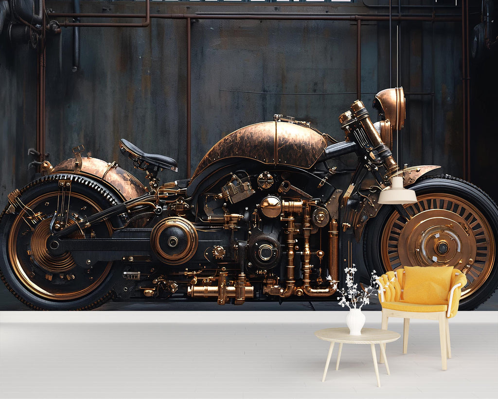 Steampunk Motorcycle Wall Mural – Vintage Industrial Bike Wallpaper for Man Cave, Garage, Office – Peel & Stick or Non-Woven