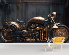 Load image into Gallery viewer, Steampunk Motorcycle Wall Mural – Vintage Industrial Bike Wallpaper for Man Cave, Garage, Office – Peel &amp; Stick or Non-Woven