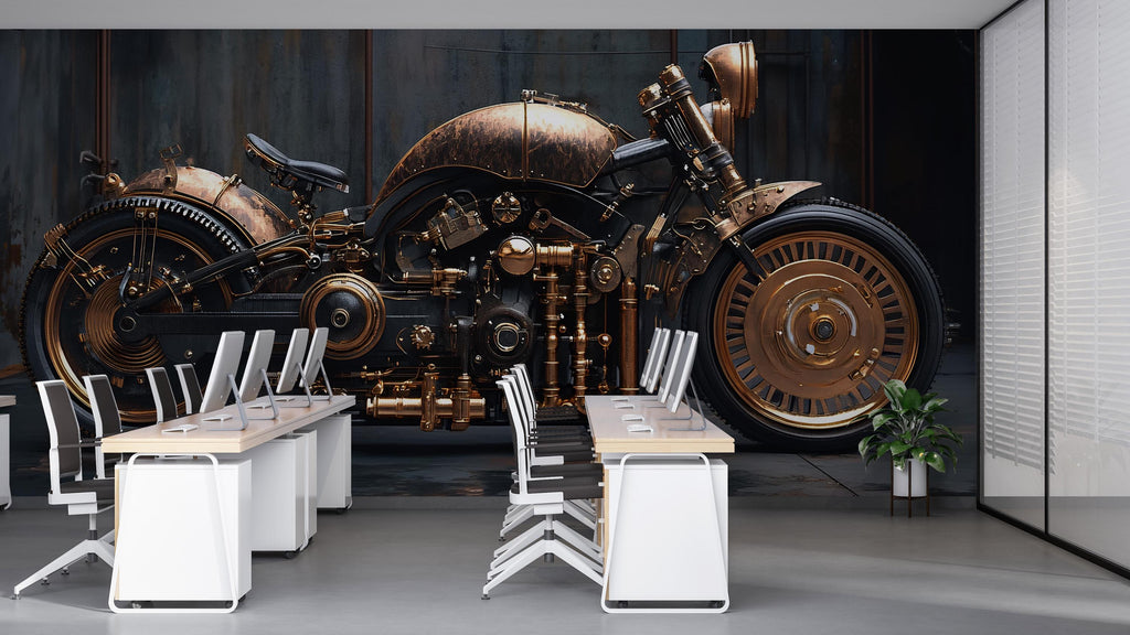 Steampunk Motorcycle Wall Mural – Vintage Industrial Bike Wallpaper for Man Cave, Garage, Office – Peel & Stick or Non-Woven