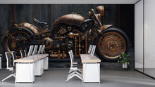 Load image into Gallery viewer, Steampunk Motorcycle Wall Mural – Vintage Industrial Bike Wallpaper for Man Cave, Garage, Office – Peel &amp; Stick or Non-Woven