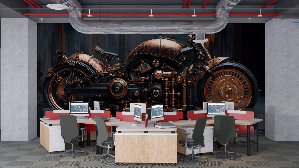 Steampunk Motorcycle Wall Mural – Vintage Industrial Bike Wallpaper for Man Cave, Garage, Office – Peel & Stick or Non-Woven