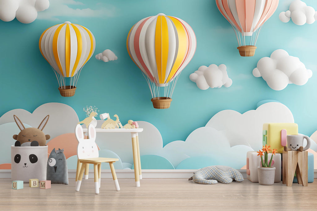 Hot Air Balloon Nursery Wall Mural – 3D Pastel Cloud Wallpaper for Baby Room or Playroom – Peel and Stick or Non-Woven