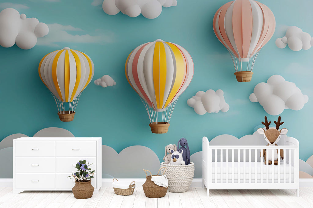 Hot Air Balloon Nursery Wall Mural – 3D Pastel Cloud Wallpaper for Baby Room or Playroom – Peel and Stick or Non-Woven