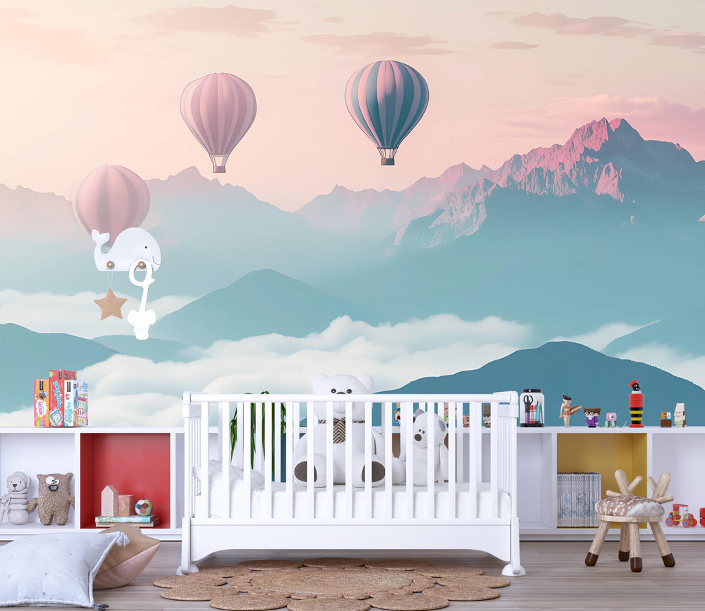 Hot Air Balloon Wall Mural – Pink & Blue Mountain Cloud Nursery Wallpaper – Baby Room Decor, Peel and Stick or Non-Woven