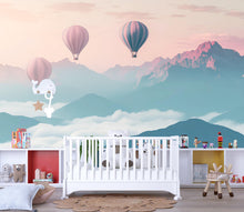 Load image into Gallery viewer, Hot Air Balloon Wall Mural – Pink &amp; Blue Mountain Cloud Nursery Wallpaper – Baby Room Decor, Peel and Stick or Non-Woven