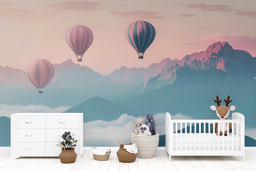 Hot Air Balloon Wall Mural – Pink & Blue Mountain Cloud Nursery Wallpaper – Baby Room Decor, Peel and Stick or Non-Woven