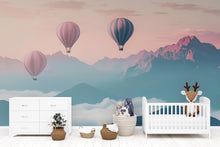 Load image into Gallery viewer, Hot Air Balloon Wall Mural – Pink &amp; Blue Mountain Cloud Nursery Wallpaper – Baby Room Decor, Peel and Stick or Non-Woven
