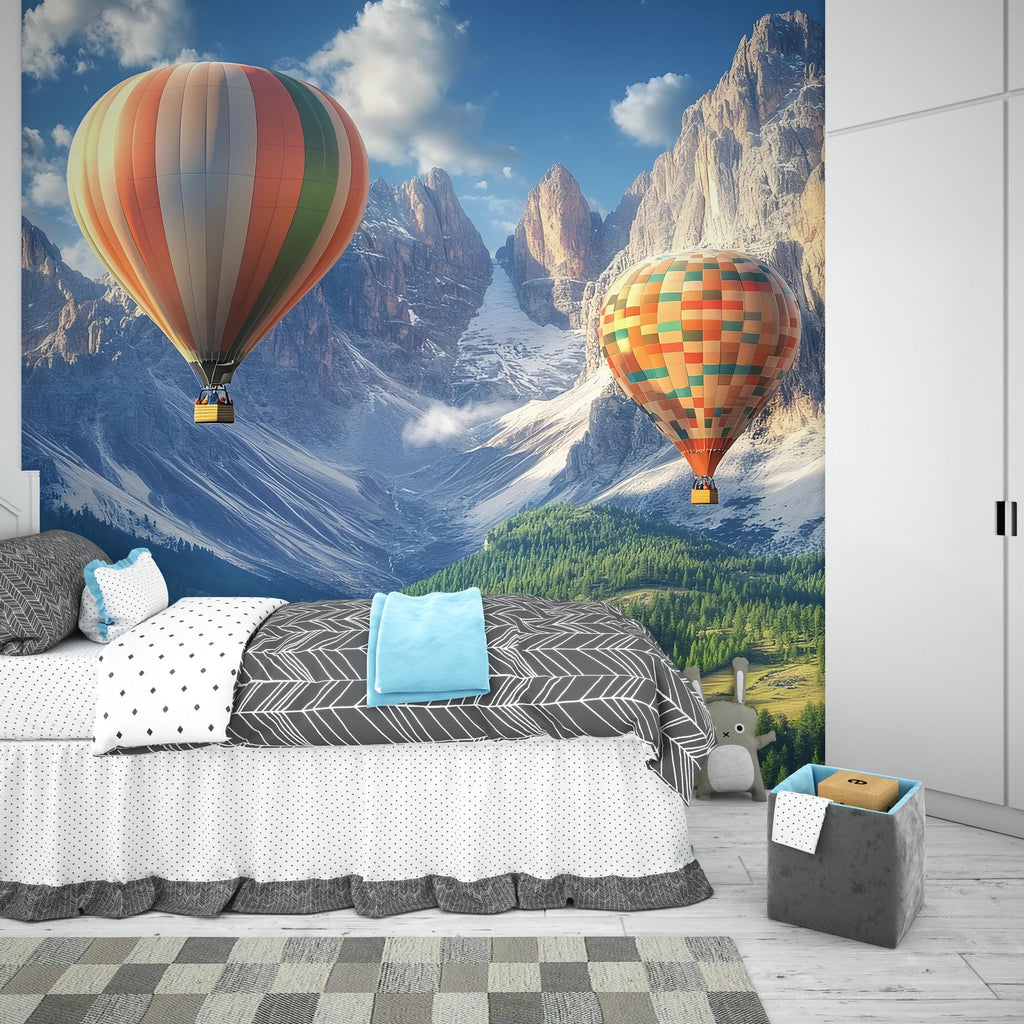 Hot Air Balloon Wall Mural – Realistic Mountain Landscape Wallpaper for Bedroom or Office – Peel & Stick or Non-Woven