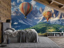 Load image into Gallery viewer, Hot Air Balloon Wall Mural – Realistic Mountain Landscape Wallpaper for Bedroom or Office – Peel &amp; Stick or Non-Woven