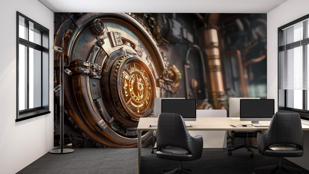 Steampunk Vault Wall Mural – Gear Lock Mechanism Industrial Mural for Office, Game Room or Studio – Peel & Stick or Non-Woven