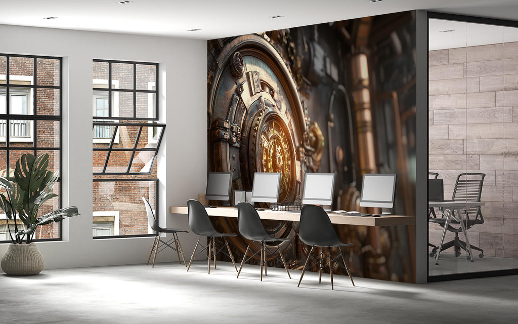 Steampunk Vault Wall Mural – Gear Lock Mechanism Industrial Mural for Office, Game Room or Studio – Peel & Stick or Non-Woven