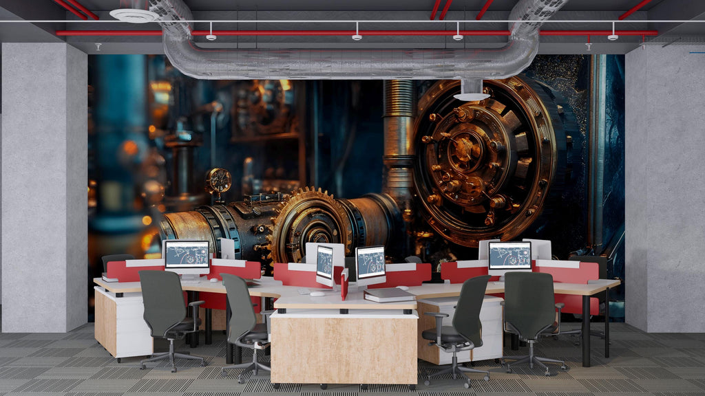 Steampunk Gear Vault Wall Mural – Industrial Lock Mechanism Wallpaper for Office, Studio or Game Room – Peel & Stick or Non-Woven
