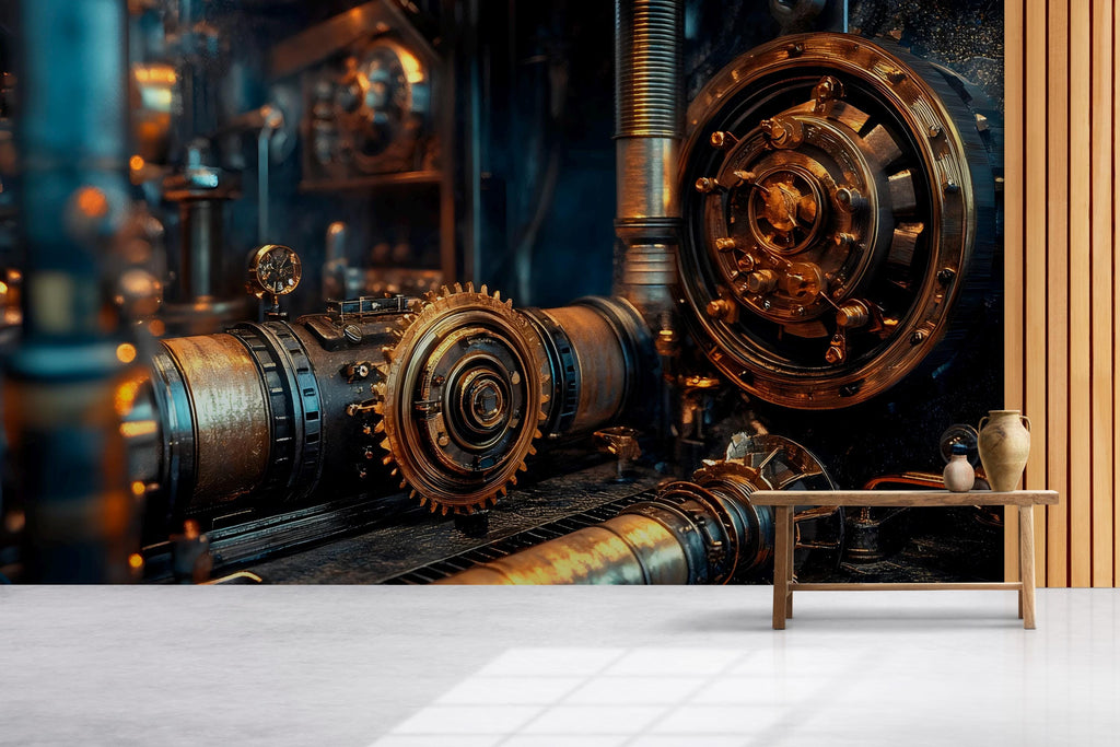 Steampunk Gear Vault Wall Mural – Industrial Lock Mechanism Wallpaper for Office, Studio or Game Room – Peel & Stick or Non-Woven
