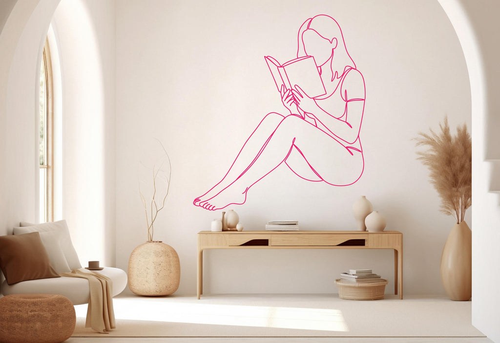 Girl Reading Book wall decal Minimalist Line Art Wall Decal Vinyl Art Stickers for Interiors, Schools, Classrooms, Libraries, Bedrooms 673RS