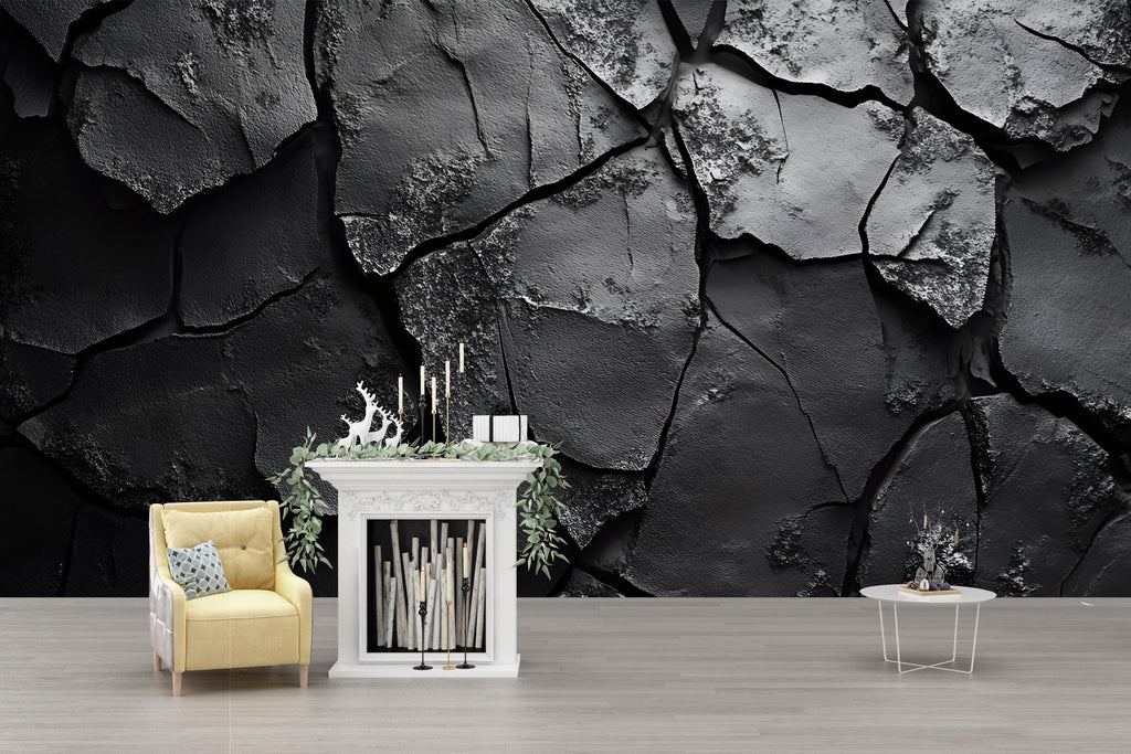 Cracked Concrete 3D Wall Mural – Industrial Texture Peel and Stick Wallpaper – Dark Grunge Accent Wall – Modern Urban